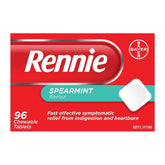 Front view of Rennie Spearmint 96 Chewable Tablets packaging